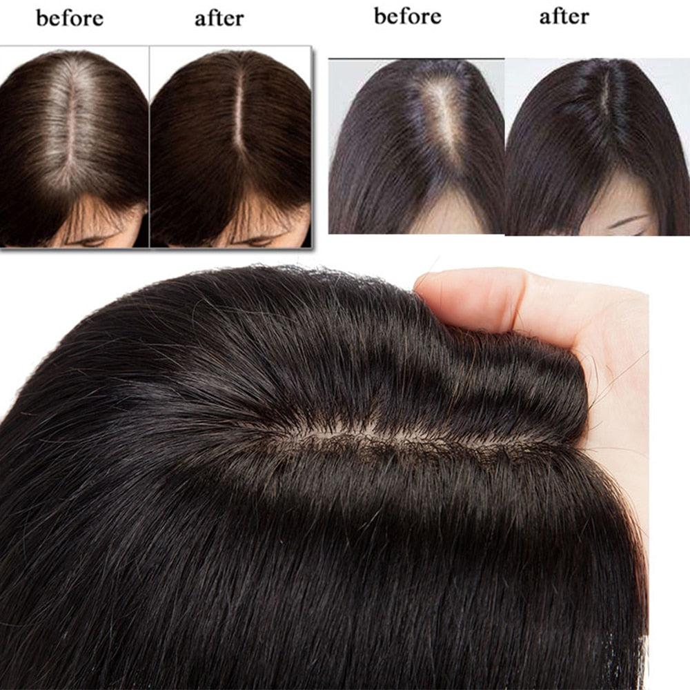 100% Human Hair Topper Toupee 10x12cm Silk Base 2.5x9cm 4 Clip In Hairpiece For Gray or Thinning Hair Loss 120% Density